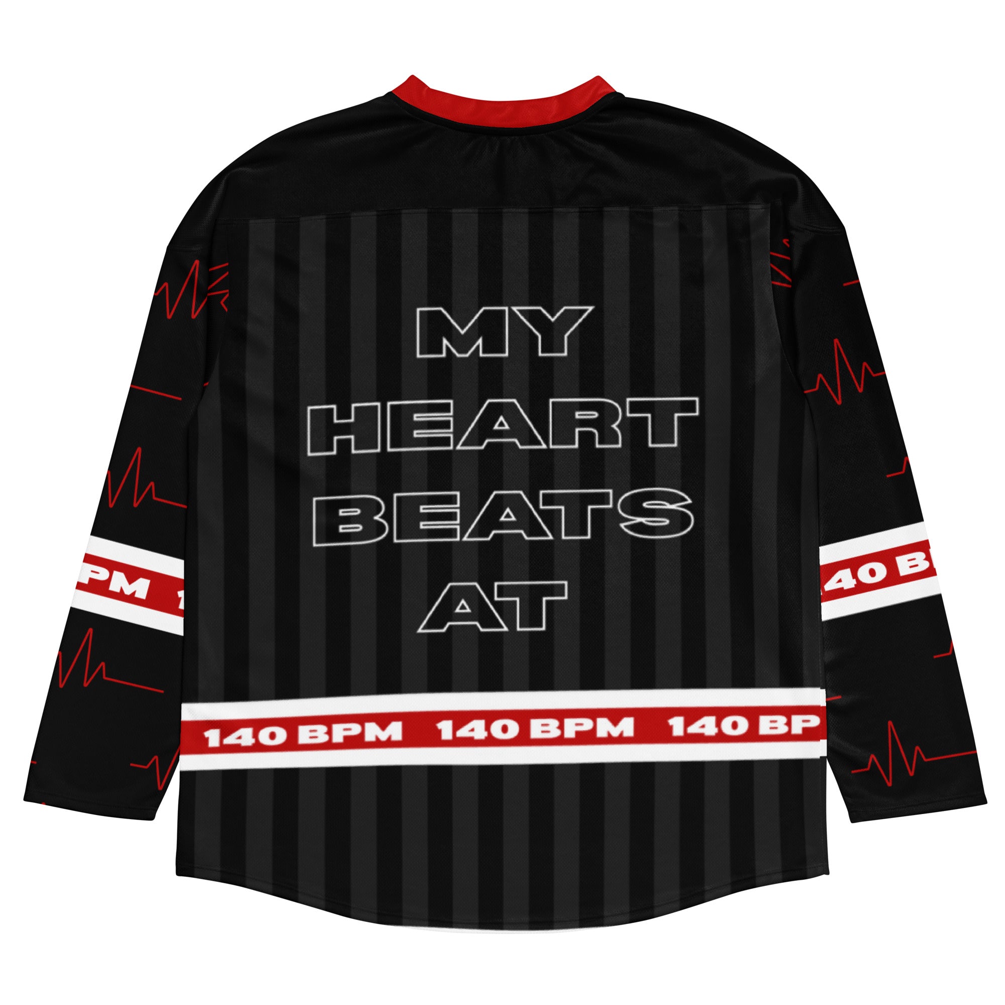 My heart beats at 140 BPM red and black rave dubstep hockey jersey.