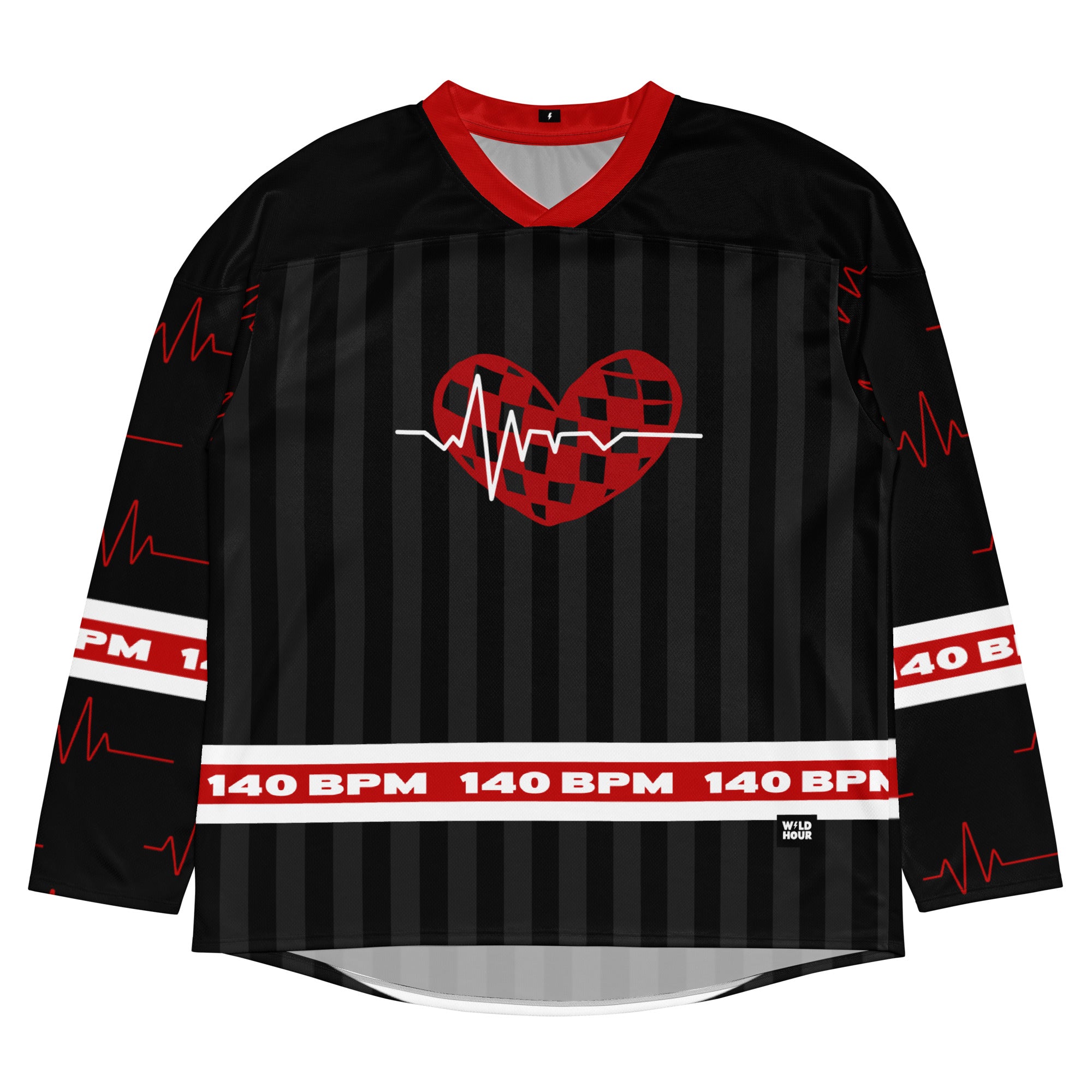 Red and black 140 BPM dubstep rave lightweight hockey jersey.